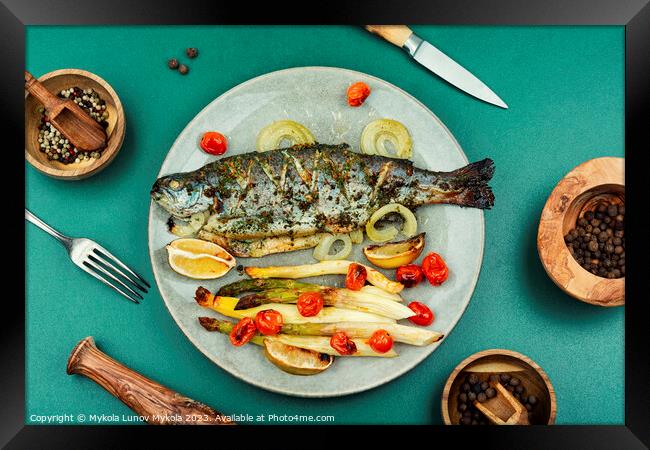 Roasted trout with baked asparagus Framed Print by Mykola Lunov Mykola