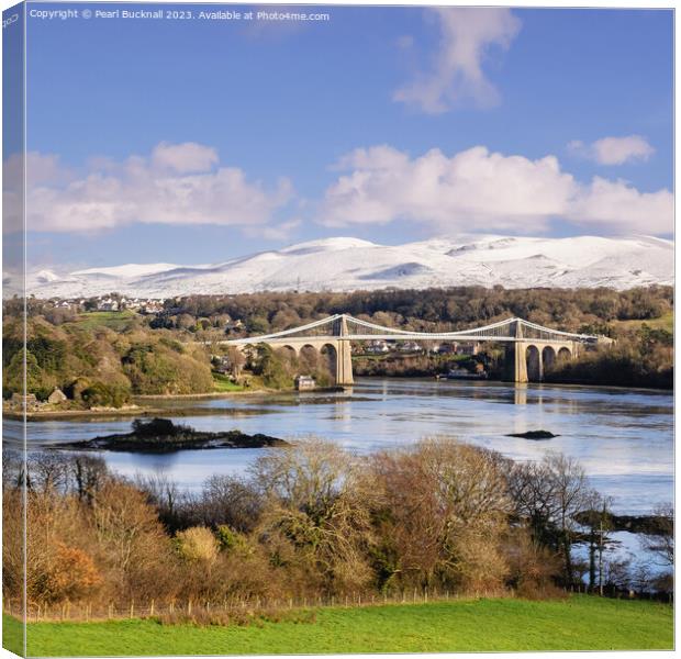 Magnificent Menai Bridge and Mountains from Angles Canvas Print by Pearl Bucknall