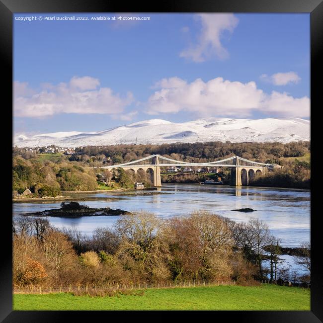 Magnificent Menai Bridge and Mountains from Angles Framed Print by Pearl Bucknall