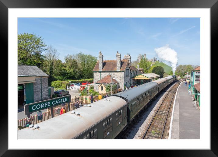Majestic Corfe Castle and Steam Train Framed Mounted Print by Graham Custance