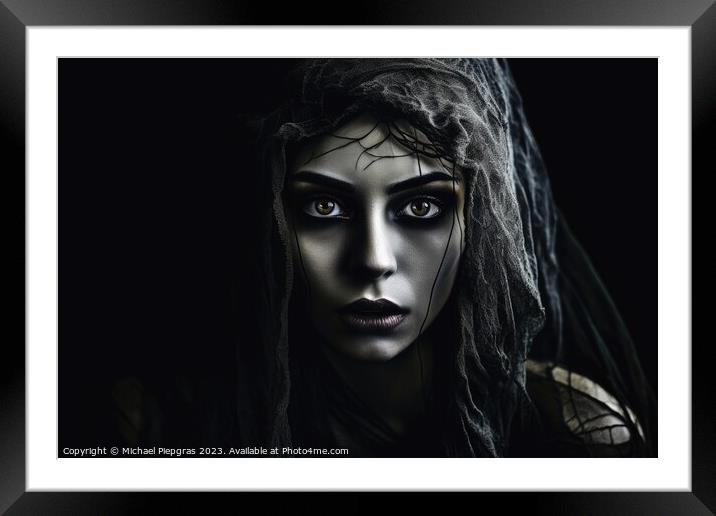 A creepy woman with a dark spooky make up created with generativ Framed Mounted Print by Michael Piepgras