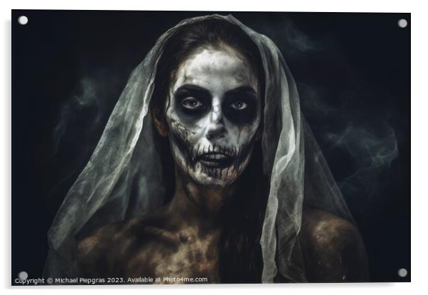 A creepy woman with a dark spooky make up created with generativ Acrylic by Michael Piepgras