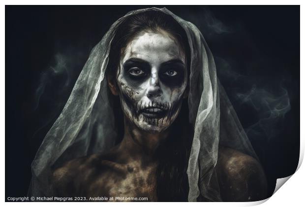 A creepy woman with a dark spooky make up created with generativ Print by Michael Piepgras