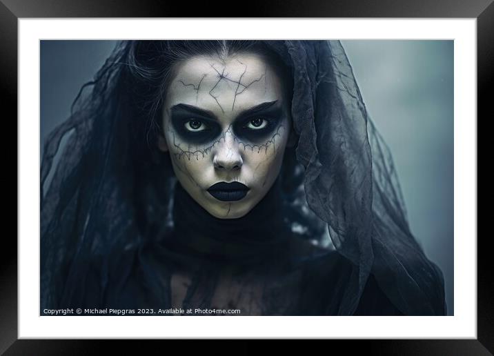 A creepy woman with a dark spooky make up created with generativ Framed Mounted Print by Michael Piepgras