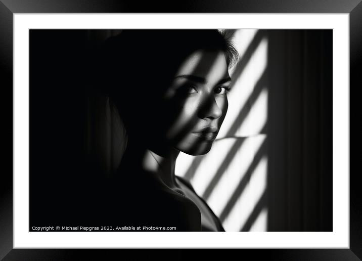 A Woman in light and shadow in black and white created with gene Framed Mounted Print by Michael Piepgras