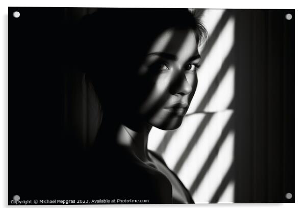 A Woman in light and shadow in black and white created with gene Acrylic by Michael Piepgras