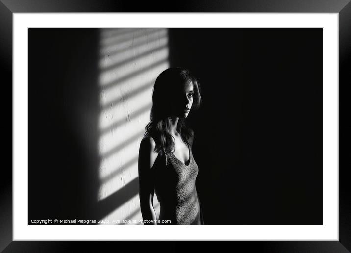 A Woman in light and shadow in black and white created with gene Framed Mounted Print by Michael Piepgras