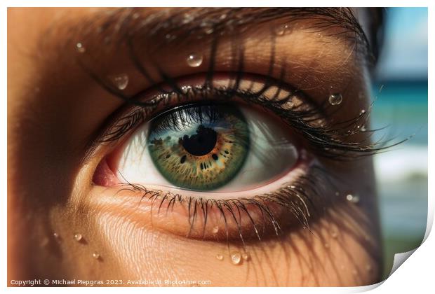 Close up of a female eye with a tropical beach background create Print by Michael Piepgras