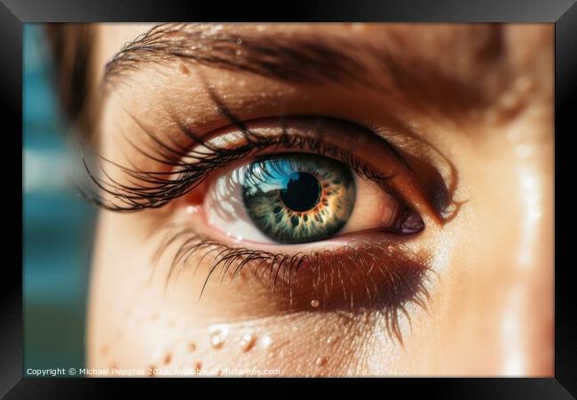 Close up of a female eye with a tropical beach background create Framed Print by Michael Piepgras