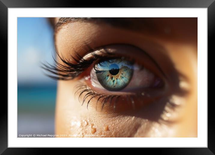 Close up of a female eye with a tropical beach background create Framed Mounted Print by Michael Piepgras