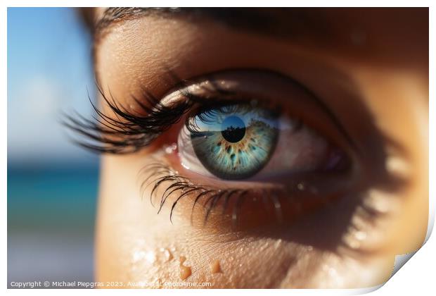 Close up of a female eye with a tropical beach background create Print by Michael Piepgras