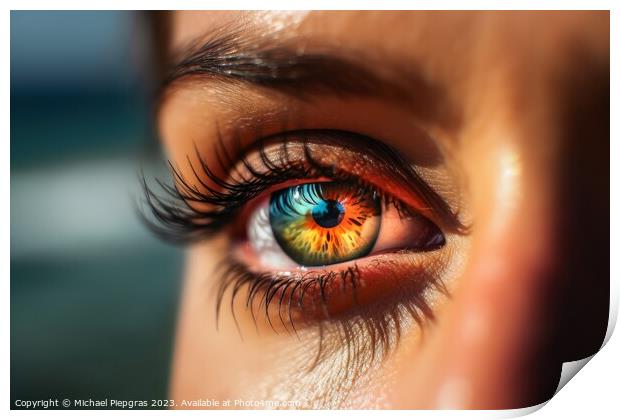 Close up of a female eye with a tropical beach background create Print by Michael Piepgras