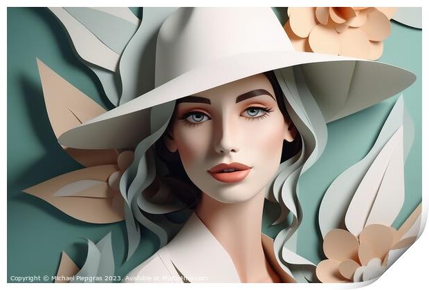 Portrait of a beautiful woman in paper style created with genera Print by Michael Piepgras