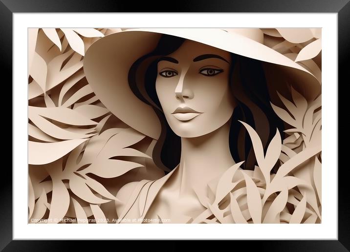 Portrait of a beautiful woman in paper style created with genera Framed Mounted Print by Michael Piepgras