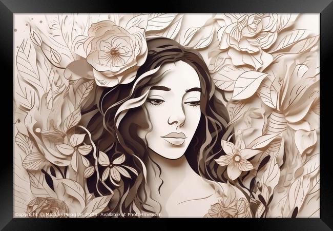 Portrait of a beautiful woman in paper style created with genera Framed Print by Michael Piepgras