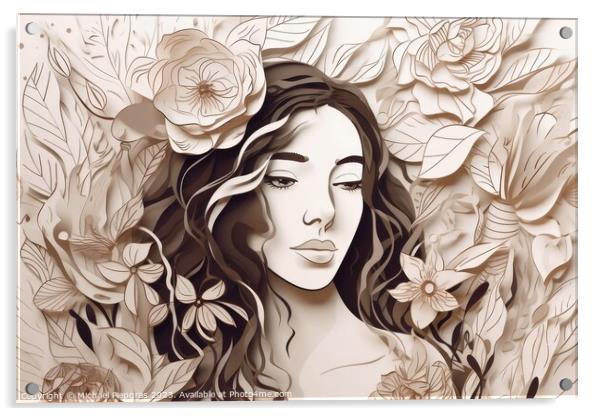 Portrait of a beautiful woman in paper style created with genera Acrylic by Michael Piepgras