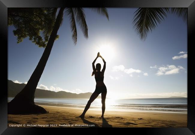 A young woman does yoga in the sun at a tropical beach created w Framed Print by Michael Piepgras
