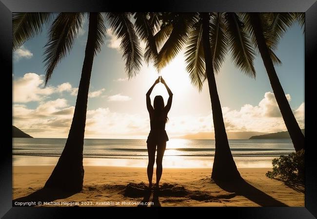 A young woman does yoga in the sun at a tropical beach created w Framed Print by Michael Piepgras