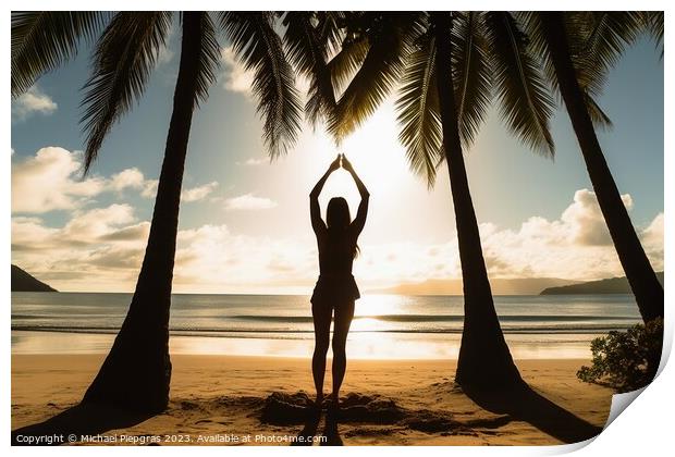 A young woman does yoga in the sun at a tropical beach created w Print by Michael Piepgras