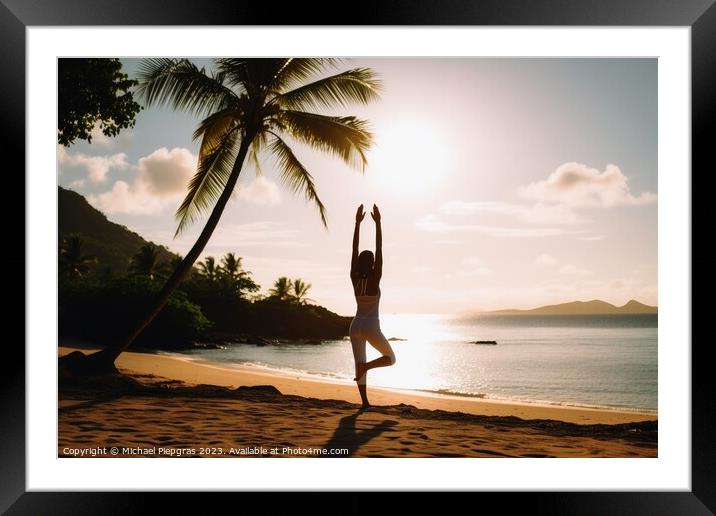 A young woman does yoga in the sun at a tropical beach created w Framed Mounted Print by Michael Piepgras