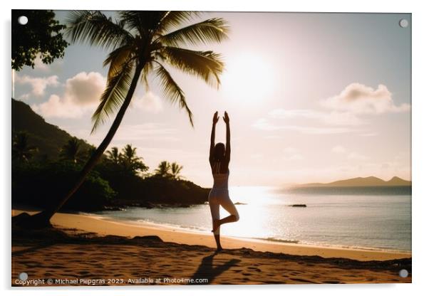 A young woman does yoga in the sun at a tropical beach created w Acrylic by Michael Piepgras