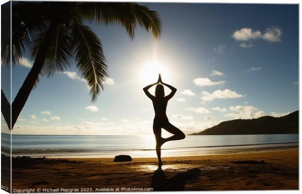 A young woman does yoga in the sun at a tropical beach created w Canvas Print by Michael Piepgras