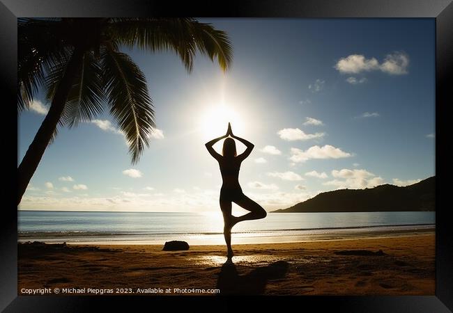 A young woman does yoga in the sun at a tropical beach created w Framed Print by Michael Piepgras