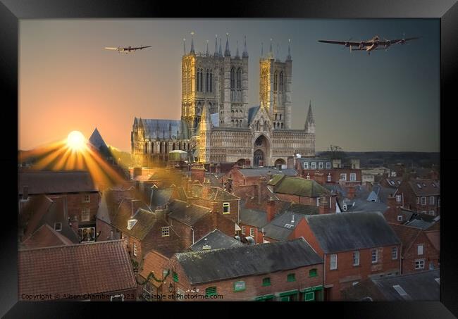 Lancaster Bombers Over Lincoln  Framed Print by Alison Chambers