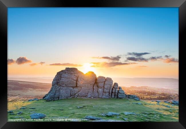 Haytor Rocks at sunrise, Dartmoor Framed Print by Justin Foulkes