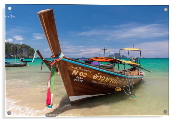 Long tail boat on Ao Nang Beach, Acrylic by Kevin Hellon