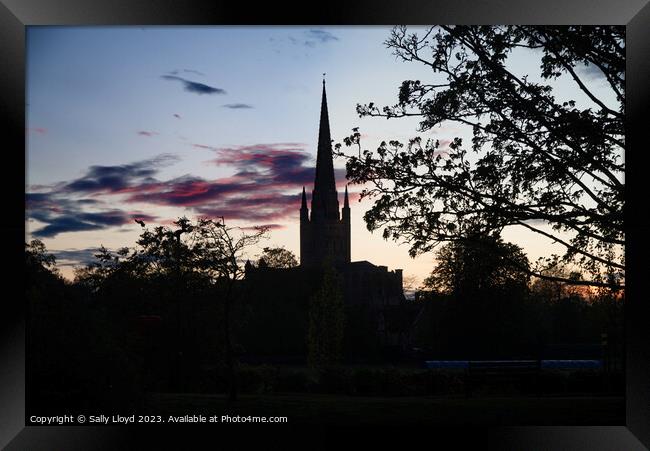 Norwich Cathedral Silhouette at sunset Framed Print by Sally Lloyd
