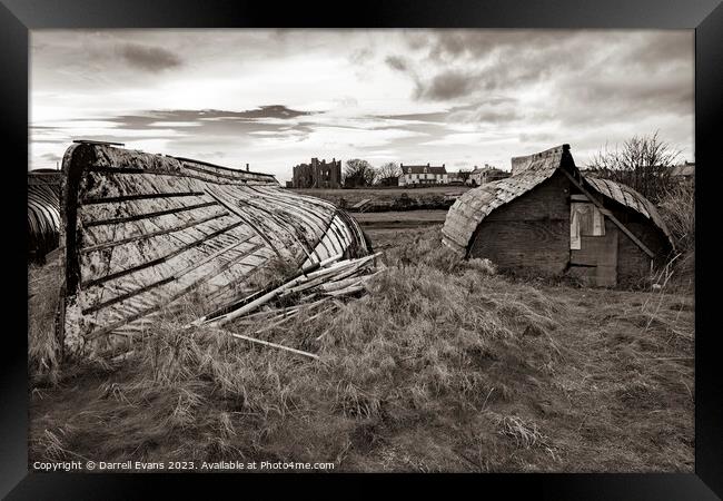 Lindisfarne Boat Sheds Framed Print by Darrell Evans
