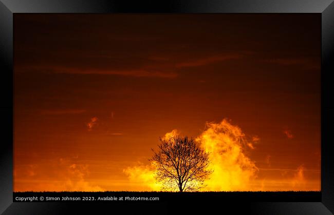 Tree silhouette at sunrise.  Framed Print by Simon Johnson