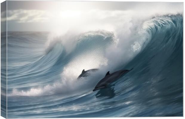 Dolphins On A Wave Canvas Print by Picture Wizard