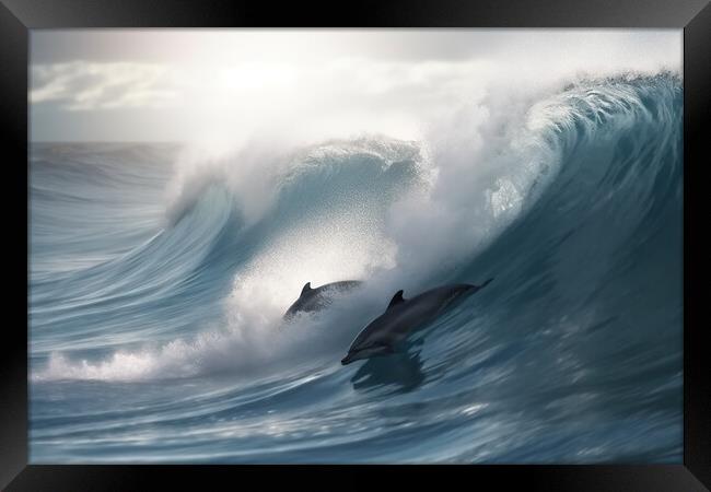 Dolphins On A Wave Framed Print by Picture Wizard