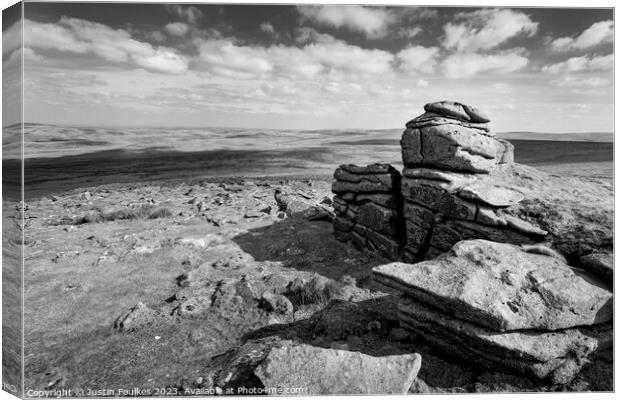 Yes Tor, in black and white, Dartmoor Canvas Print by Justin Foulkes
