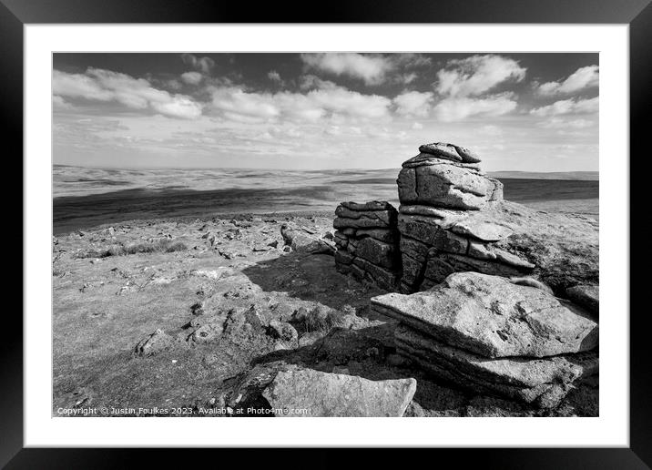 Yes Tor, in black and white, Dartmoor Framed Mounted Print by Justin Foulkes