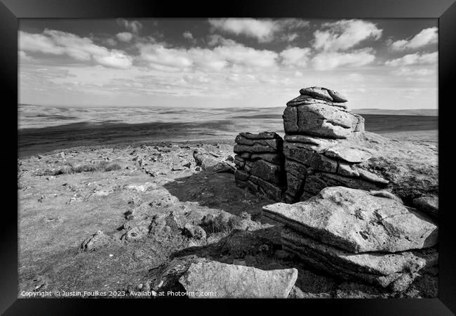 Yes Tor, in black and white, Dartmoor Framed Print by Justin Foulkes
