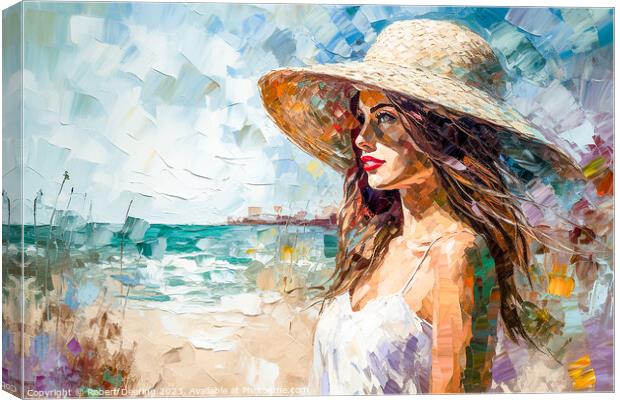 Girl In Hat At The Seaside Canvas Print by Robert Deering