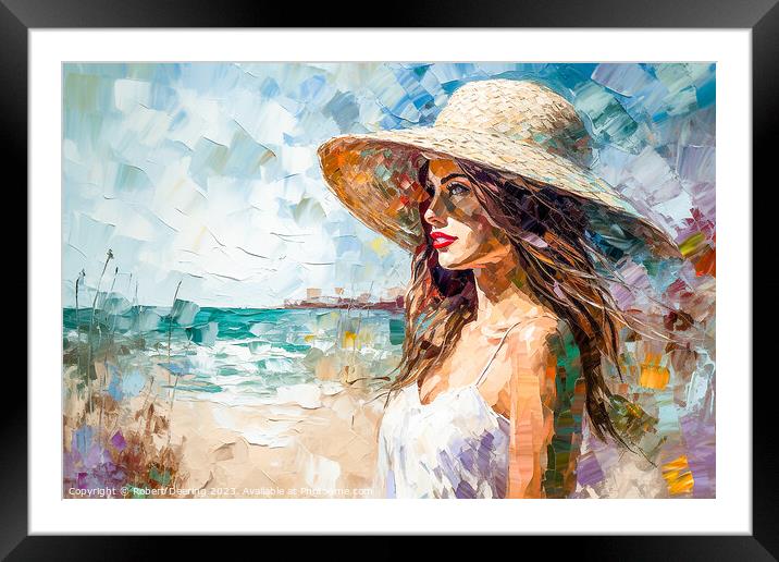 Girl In Hat At The Seaside Framed Mounted Print by Robert Deering