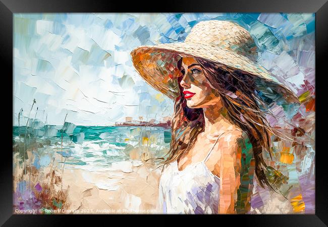 Girl In Hat At The Seaside Framed Print by Robert Deering