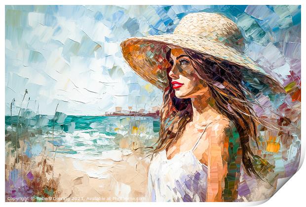 Girl In Hat At The Seaside Print by Robert Deering