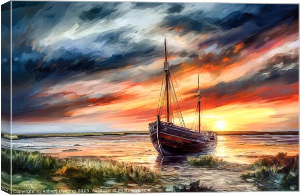 Sailing Boat On River At Sunset Canvas Print by Robert Deering