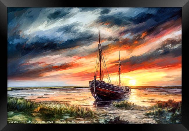 Sailing Boat On River At Sunset Framed Print by Robert Deering