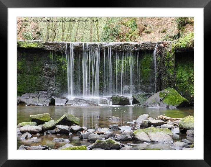 Knypersley pool waterfall with reflections Framed Mounted Print by Andrew Heaps