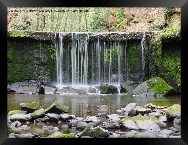 Knypersley pool waterfall with reflections Framed Print by Andrew Heaps