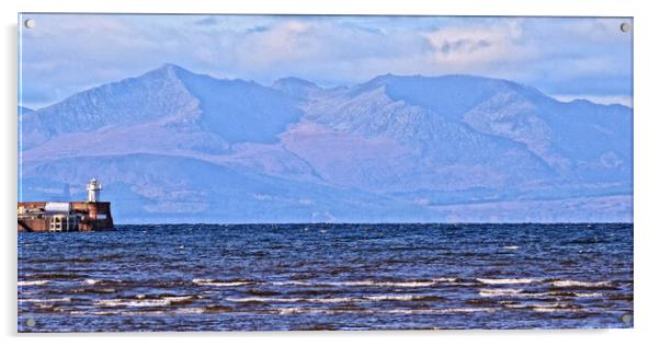 Troon harbour lighthouse and Goat Fell, Arran Acrylic by Allan Durward Photography