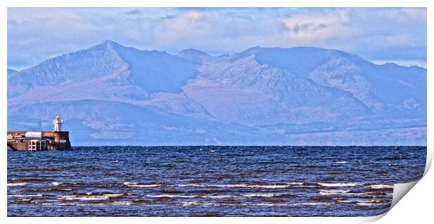 Troon harbour lighthouse and Goat Fell, Arran Print by Allan Durward Photography