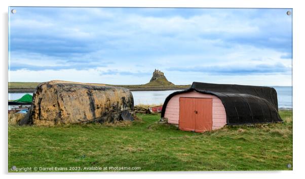 Lindisfarne Huts and Castle Acrylic by Darrell Evans