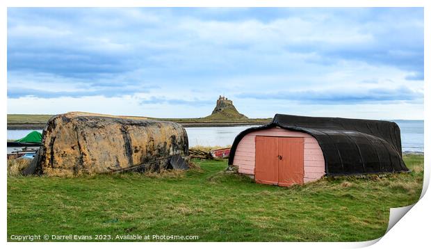 Lindisfarne Huts and Castle Print by Darrell Evans